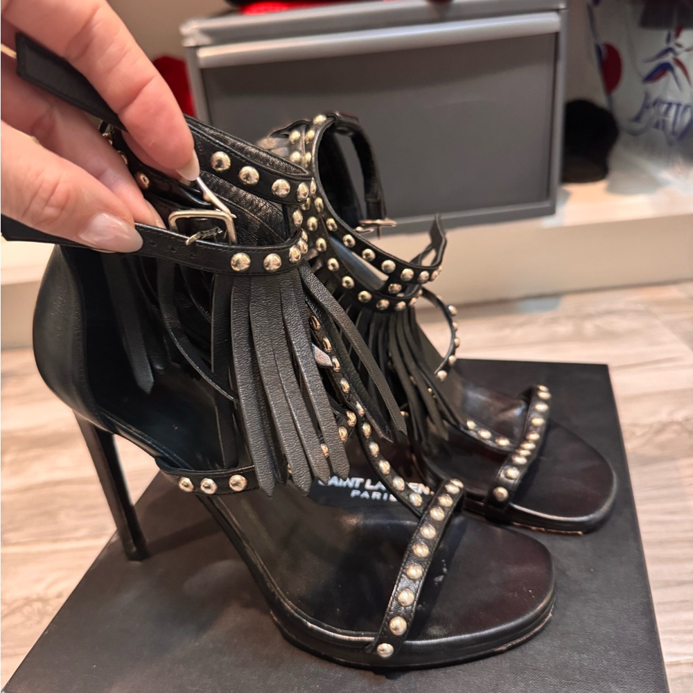 Saint Laurent Black Studded Fringe Heels